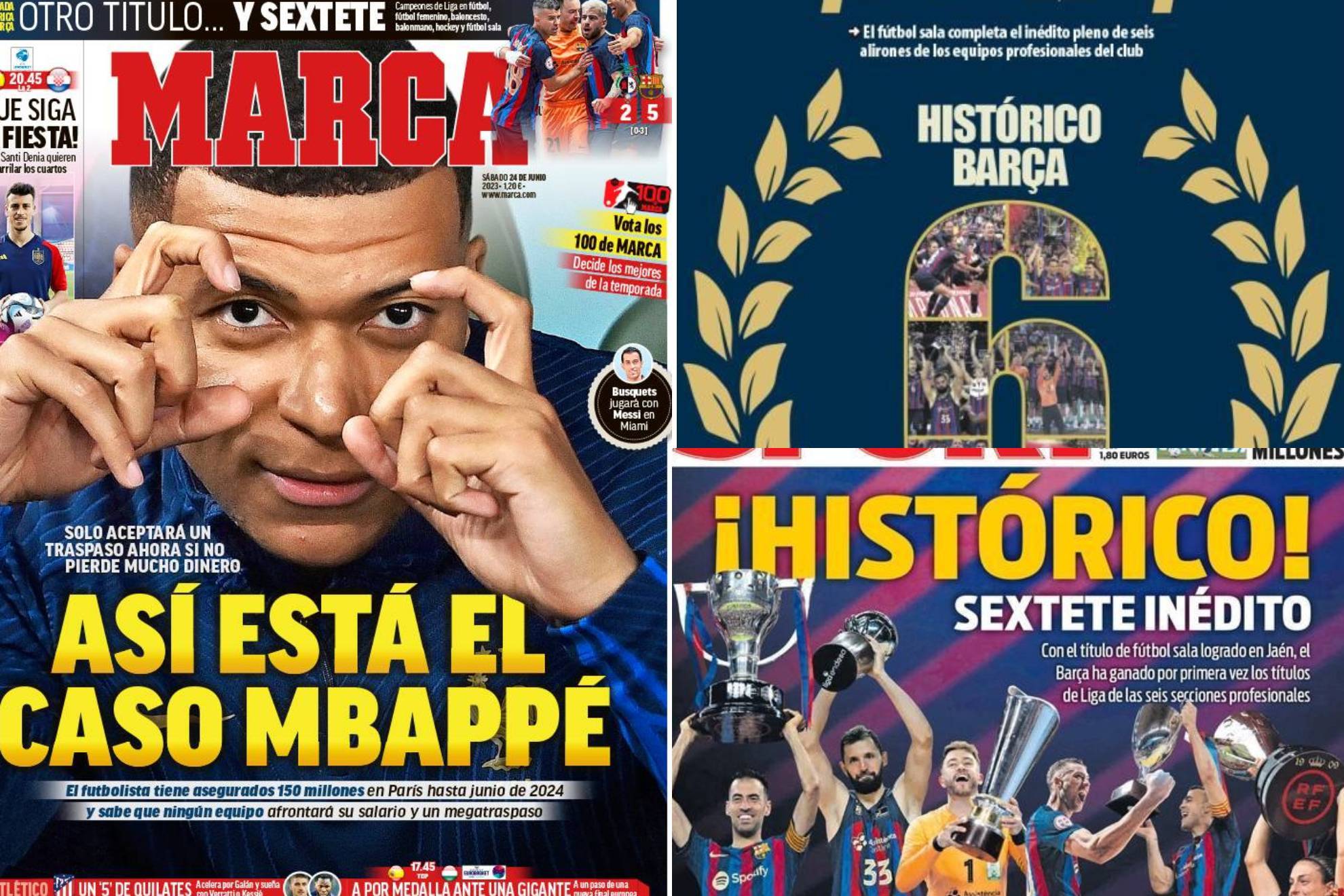 El sextete inédito e histórico del Barça, en las portadas